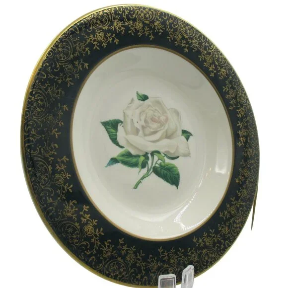 Stradford Rim Soup Bowl Chantilly Dark Green Gold Floral Set of 4 - Picture 3 of 11